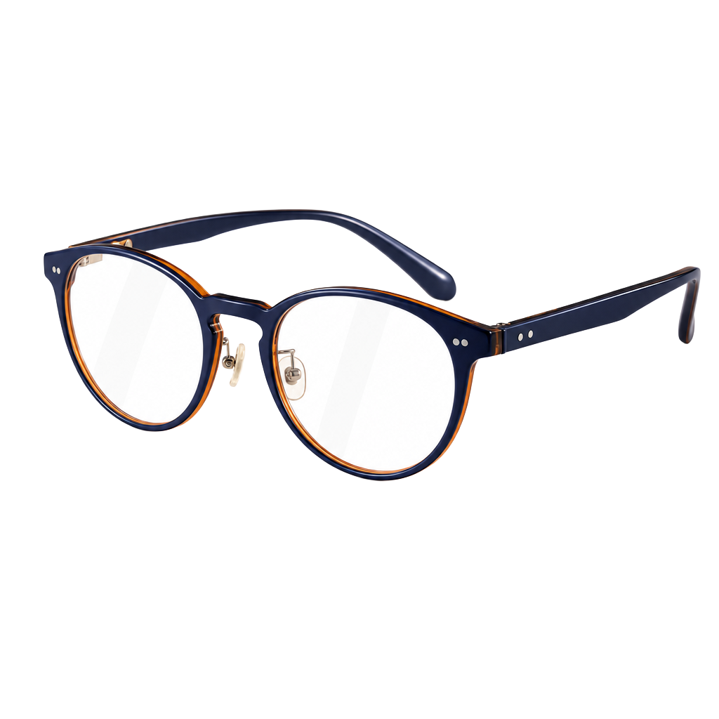 Armação de óculos premium em acetato marinho com detalhe âmbar